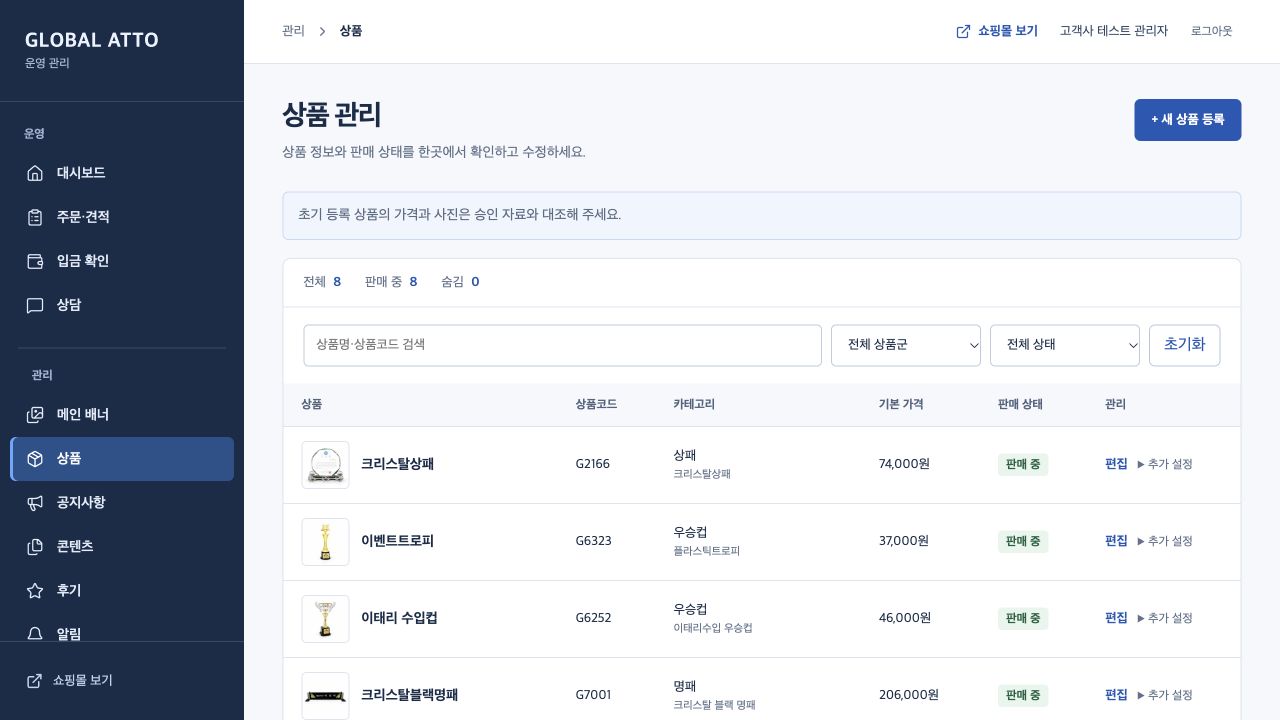 글로벌아토 상품 관리 화면의 상품 코드·카테고리·기본 가격